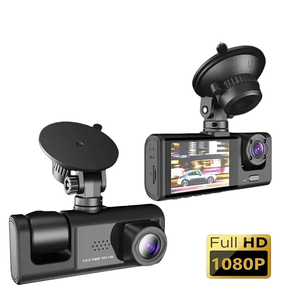 Black 1080p dash cam shown from two angles: front/side view with a suction mount and rear view with the screen on. A gold 'Full HD 1080P' badge is in the bottom right on a light gray background.