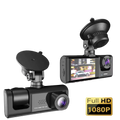 Black 1080p dash cam shown from two angles: front/side view with a suction mount and rear view with the screen on. A gold 'Full HD 1080P' badge is in the bottom right on a light gray background.