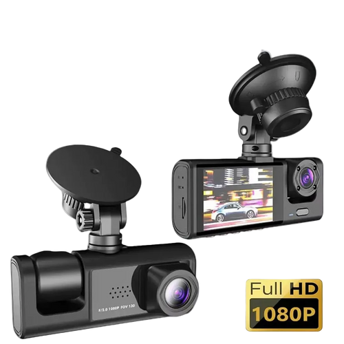 Black 1080p dash cam shown from two angles: front/side view with a suction mount and rear view with the screen on. A gold 'Full HD 1080P' badge is in the bottom right on a light gray background.
