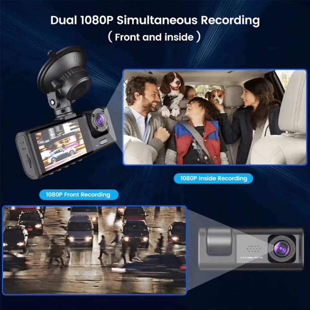 Three-Way DVR Dash Camera – Front, Rear & Interior Car Recorder